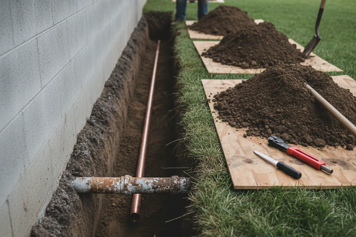 Excavated water line trench during Water Softener Installation in Coral
